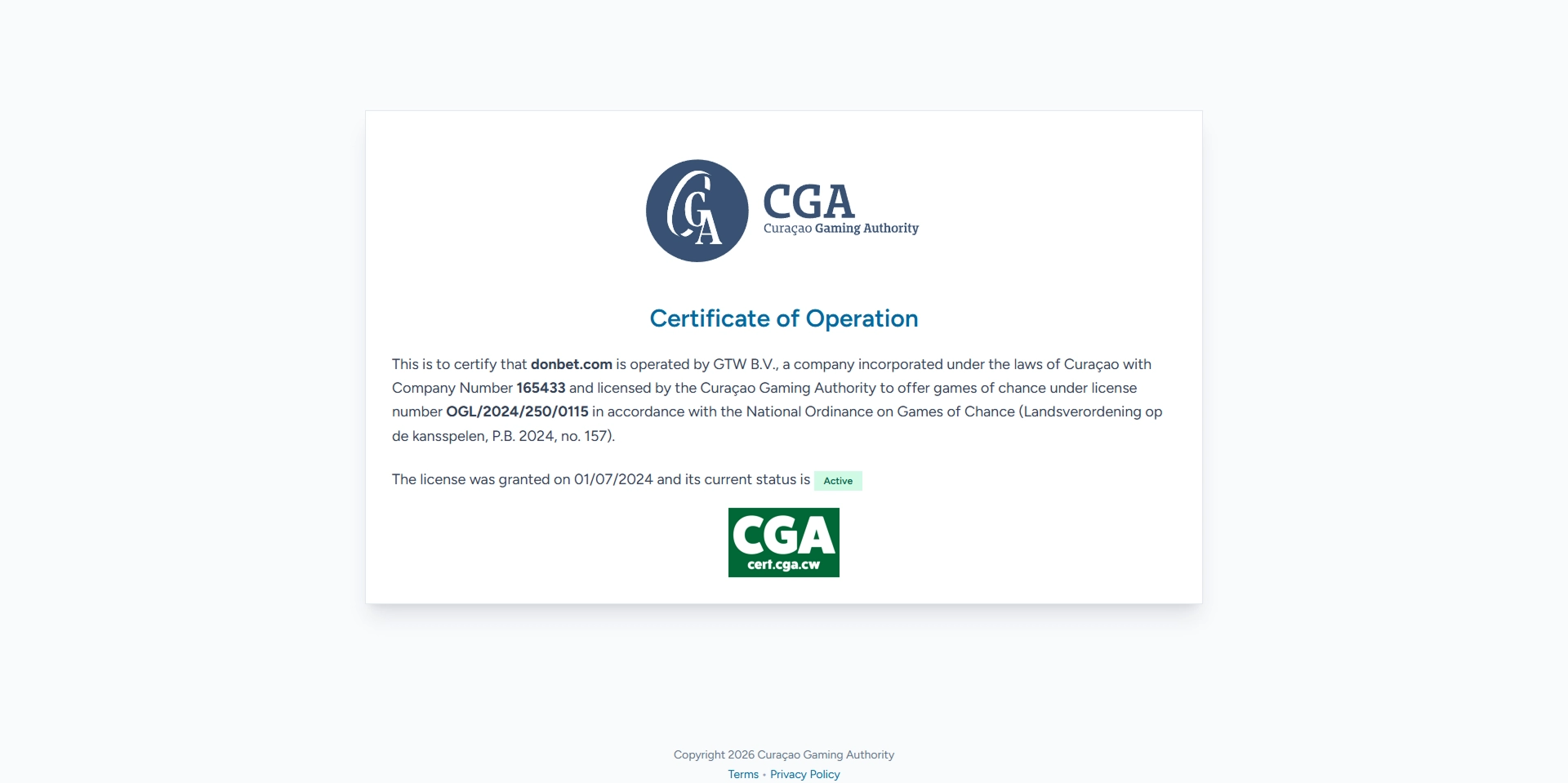 Curaçao Gaming Authority certificate for donbet.com
