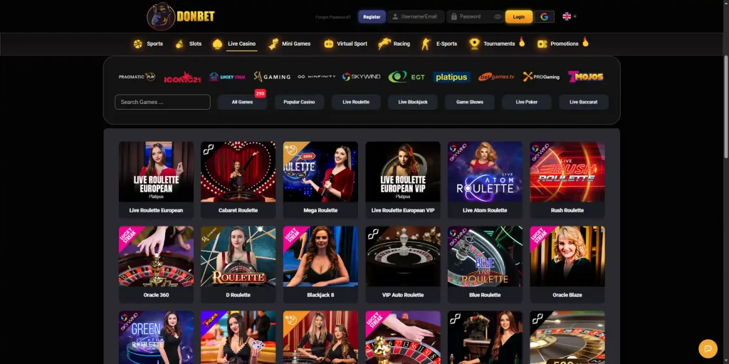 Donbet live casino lobby showing table categories and provider navigation