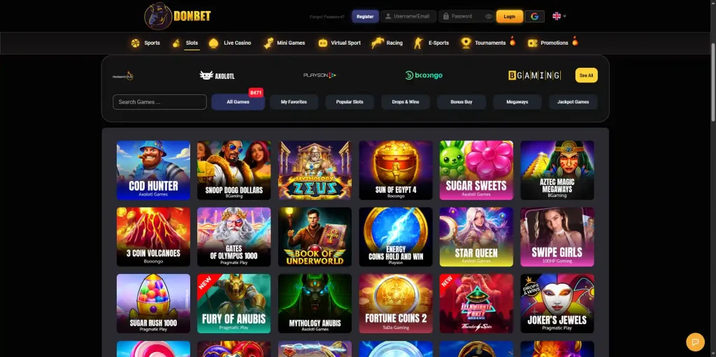Donbet slots lobby showing category and provider navigation