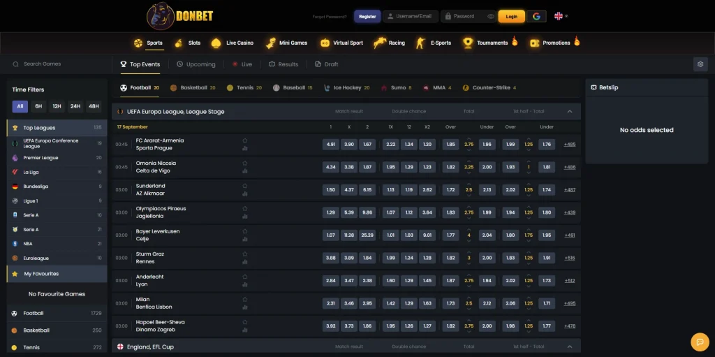 Donbet sportsbook interface with sports navigation and live betting sections
