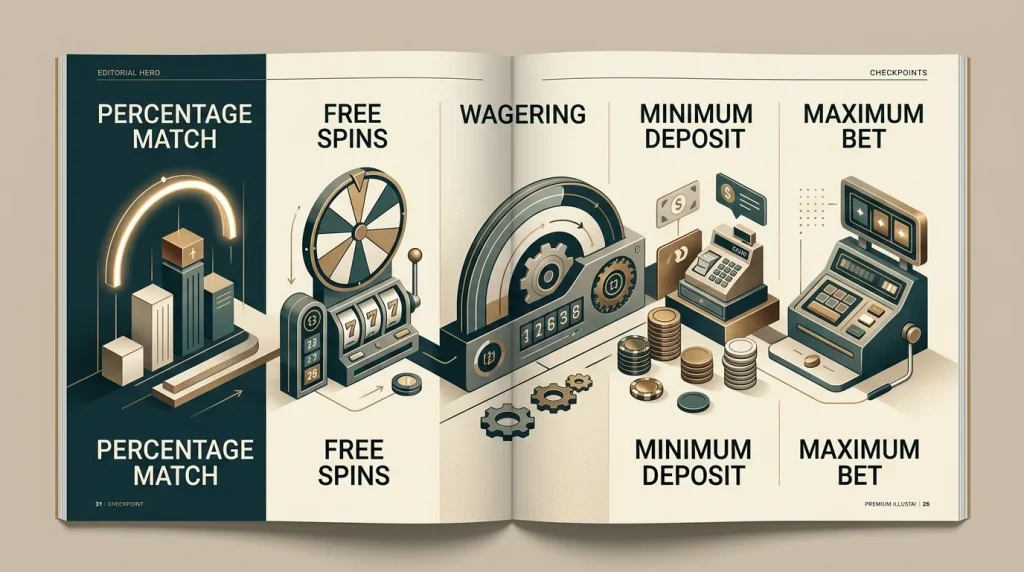 Illustration of a casino bonus calculation with match, free spins, wagering and bet-limit checkpoints