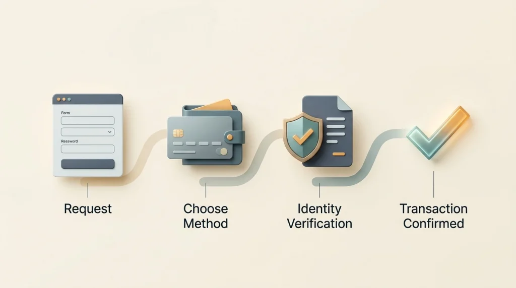 Illustration of a withdrawal request moving through payment-route and identity-verification checks