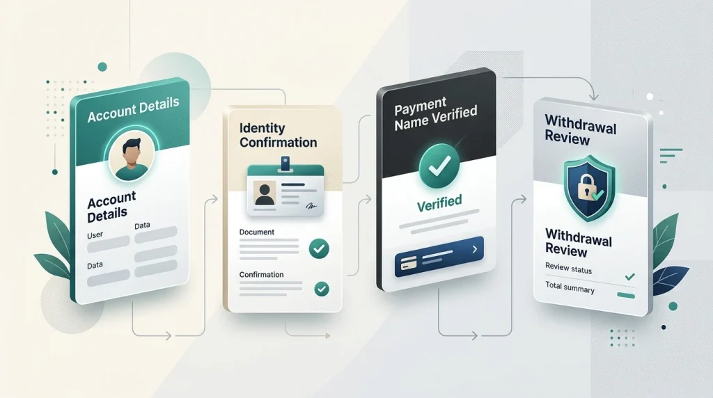 Illustration of an account verification journey from account details through identity checks to withdrawal review