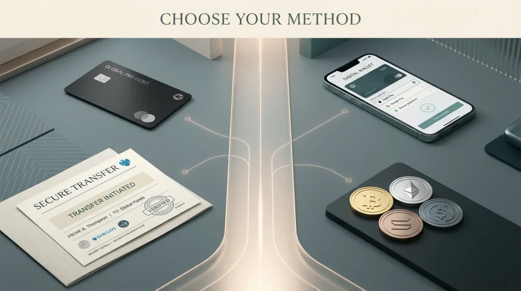Illustration of debit card, e-wallet, bank transfer and cryptocurrency payment categories